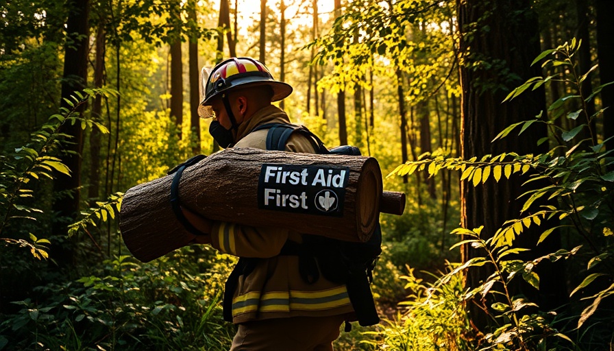 Firefighter in forest wearing gear, carrying log.