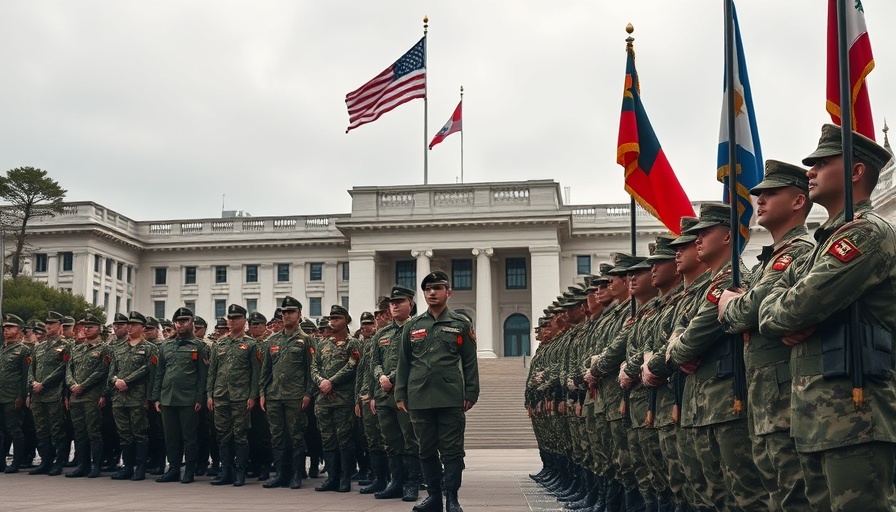 Military troops deployed in front of government building under overcast sky.