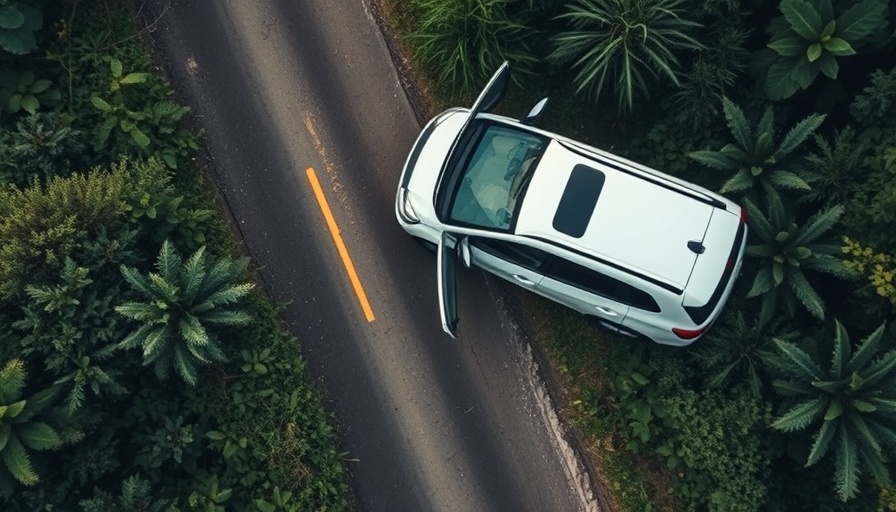 Aerial view of a car after a deer accident in Pennsylvania, white car on road.