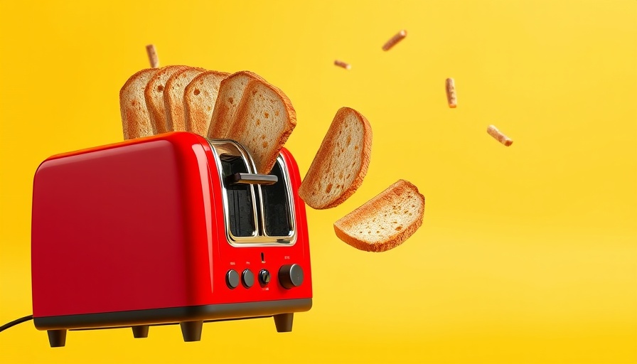 Red toaster with toast in mid-air, exemplifying early breakfast.