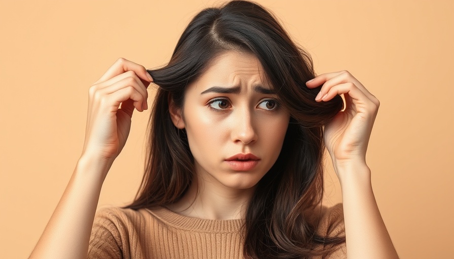 Worried woman checking dandruff in hair, beige background.