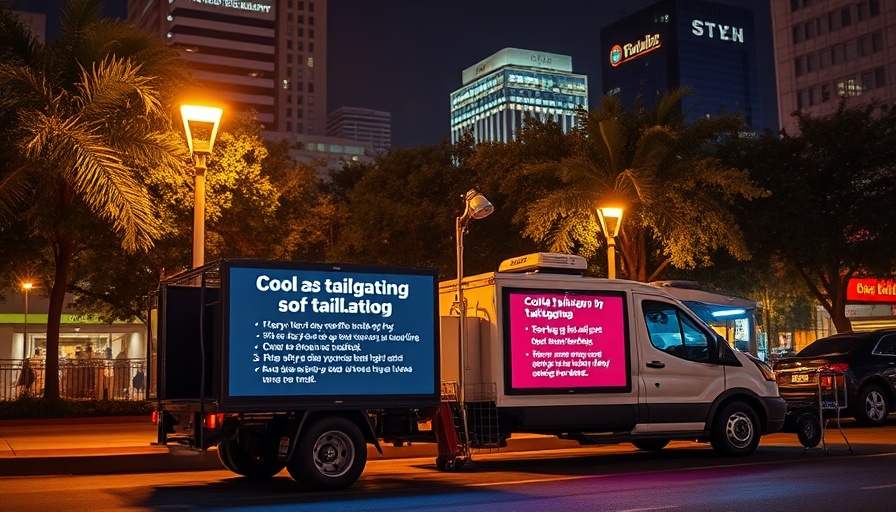 Tailgating safety tips displayed on screen near a truck setup.