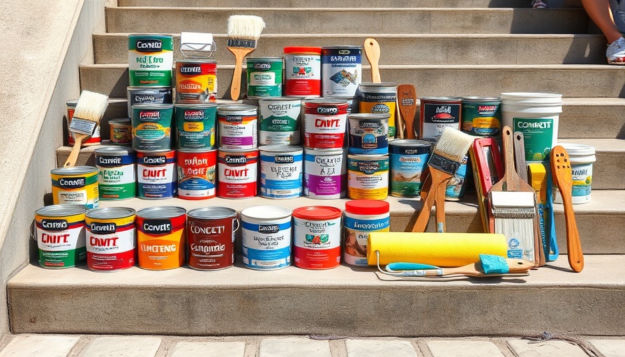 Collection of best concrete paints and tools on stairs; various brands displayed.