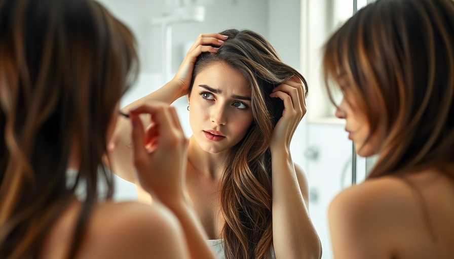 Concerned woman inspecting hair in modern bathroom mirror