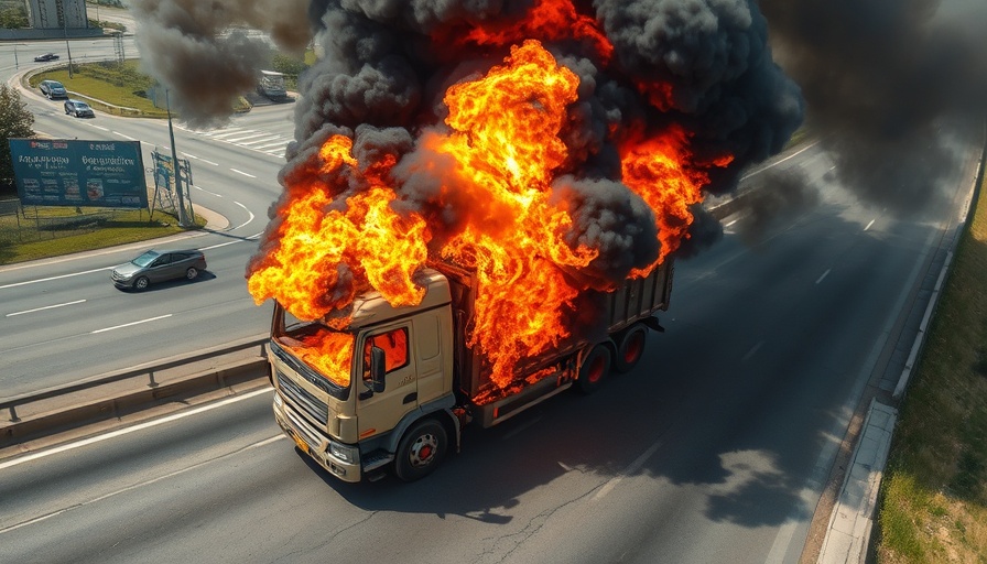 Trash truck fire on I-95 engulfed in flames and thick black smoke.