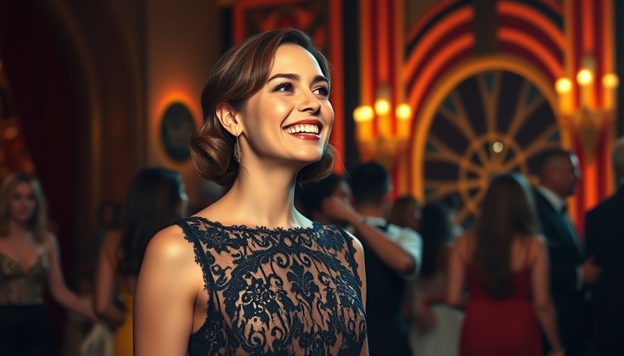 Elegant woman at event with orange and yellow art deco backdrop.