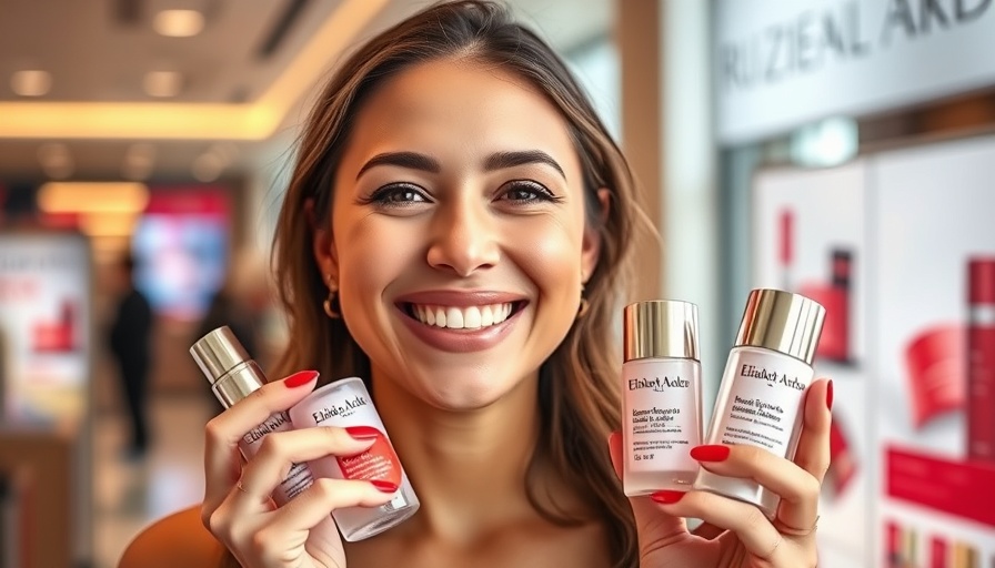 Woman showcasing Elizabeth Arden skincare products indoors.
