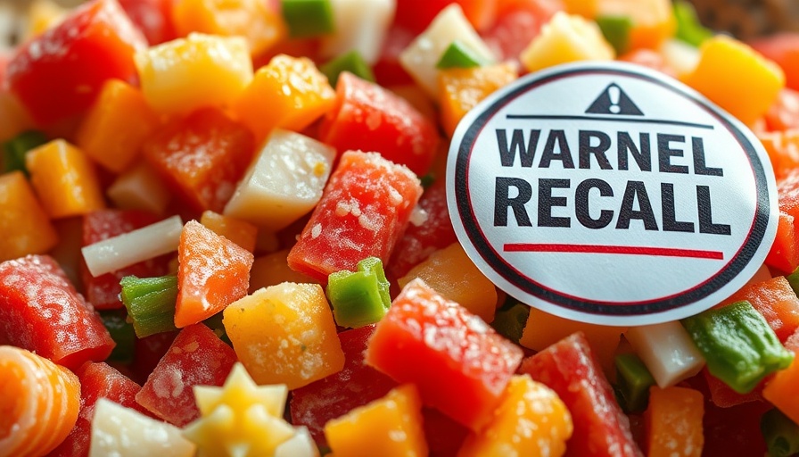 Frozen veggie recall with warning sign over mixed vegetables