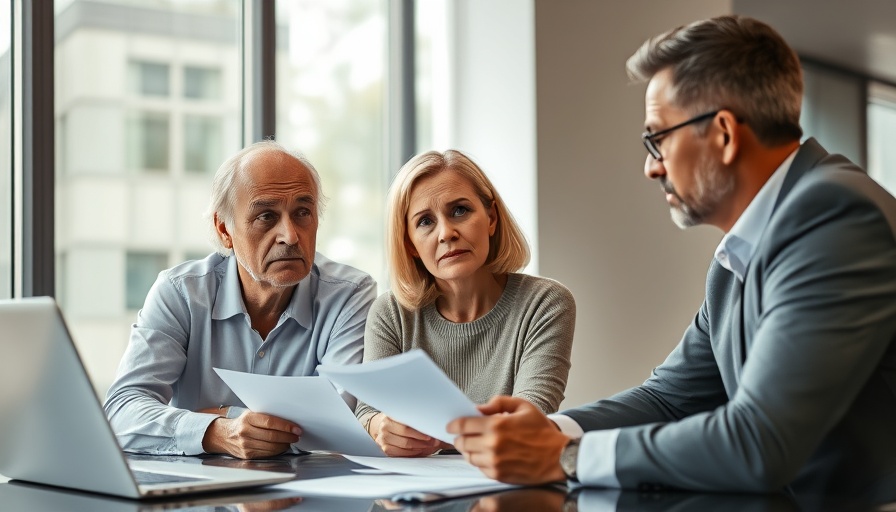 Middle-aged couple discussing 2% mortgage impact on divorce in office.