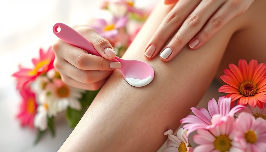 Applying hair removal cream on legs with vibrant floral background.