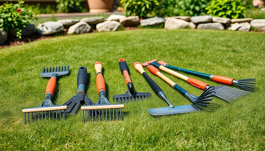 Various dethatching rakes on grass showcasing options for the best dethatching rakes.