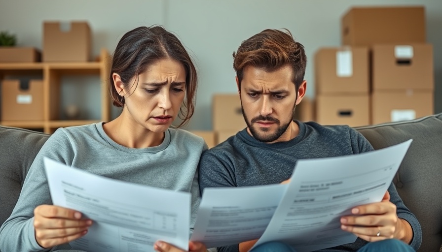 Young couple experiencing first-time homebuyer struggles in a living room.