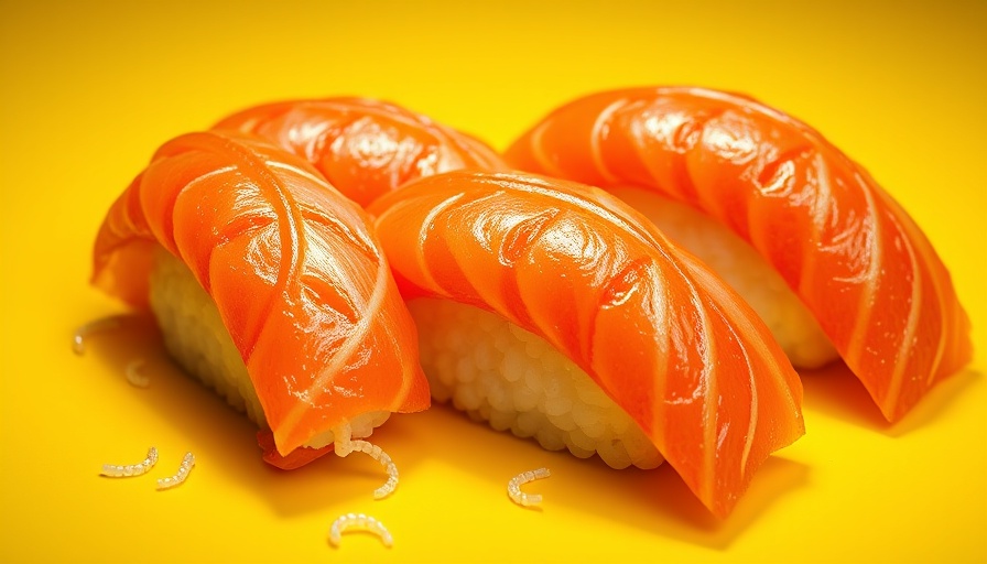 Worms in salmon sushi on yellow background.