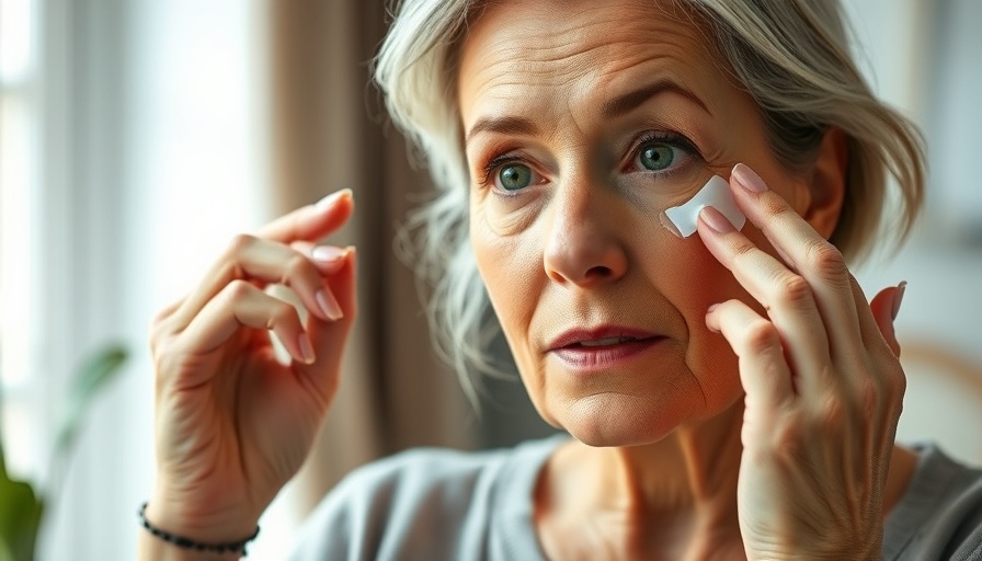 Mature woman using collagen patches for under-eyes in soft lighting.