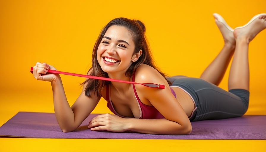 Cheerful woman doing exercises for knee pain with resistance band on yoga mat.
