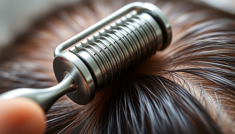 Close-up of a derma roller on scalp for hair growth.