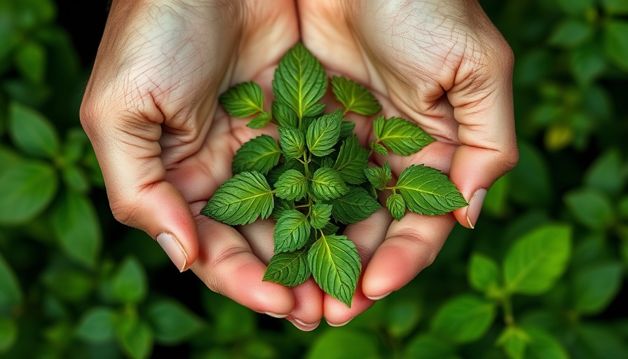 Hands holding fresh tulsi leaves surrounded by lush green plants, Neem vs Tulsi for skin care.