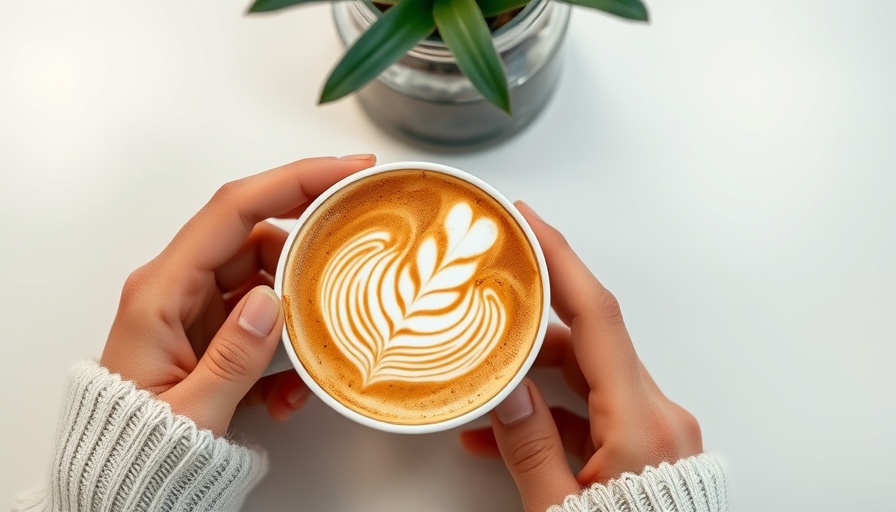 Hands holding a latte reflecting on caffeine and skin health.