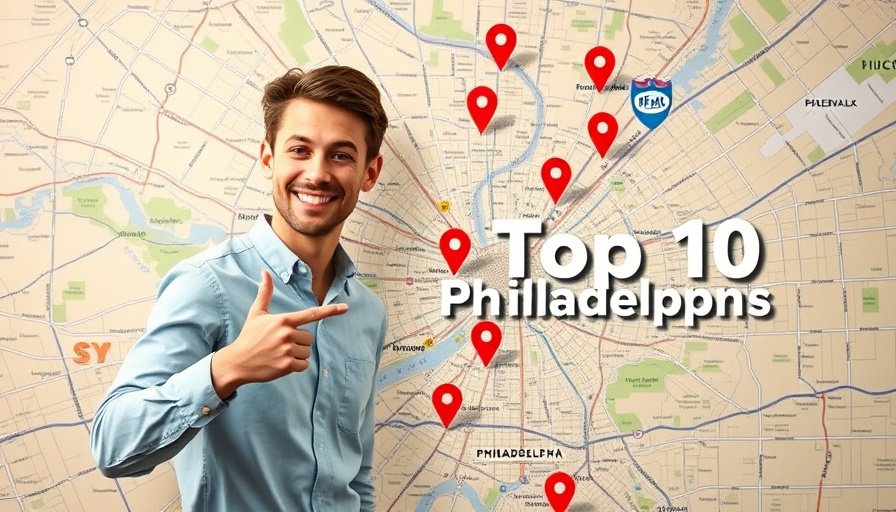 Map of top rated towns in the Philadelphia suburbs with a smiling man pointing