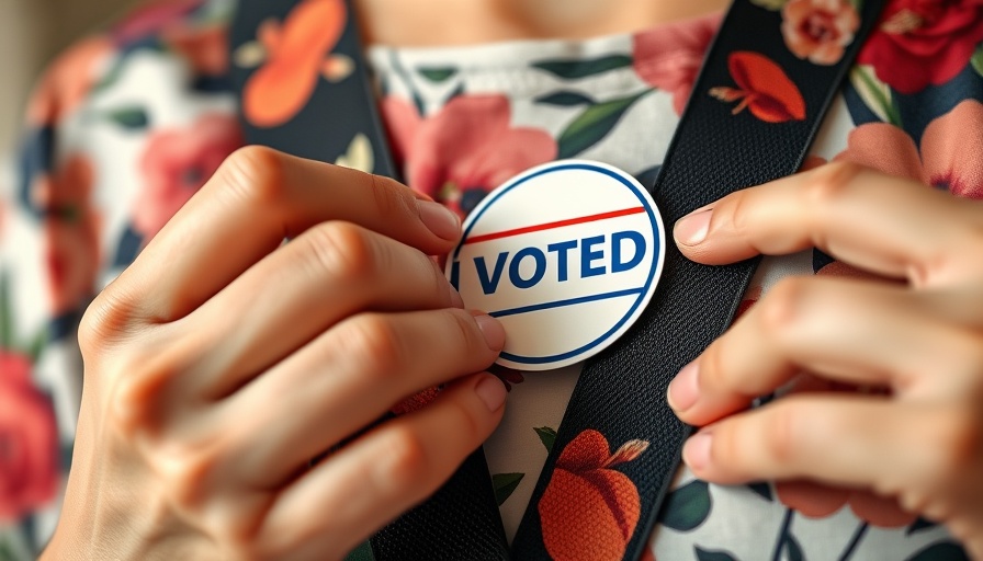 Hands adjusting 'I Voted' sticker, focus on electoral participation.