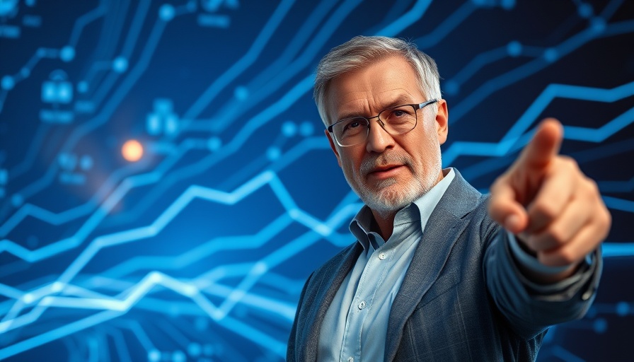 Middle-aged man promoting zero risk growth annuity with digital background.