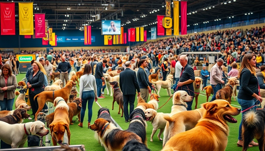 Dog show with various breeds and owners interacting in a lively arena.