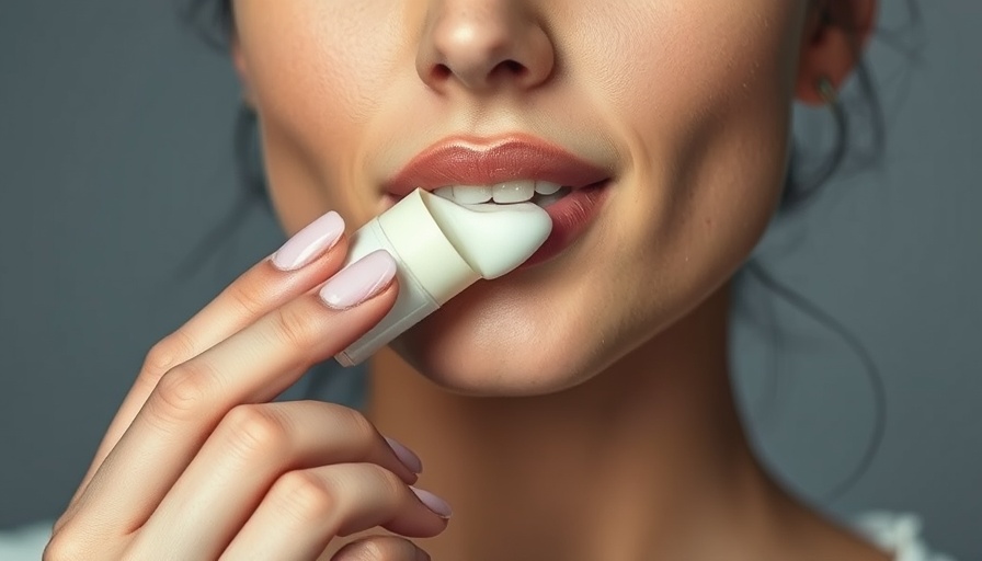 Woman applying lip balm for dry lips with serene expression
