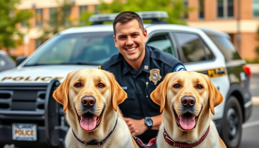 University of Delaware facility dog with officer by police vehicle.