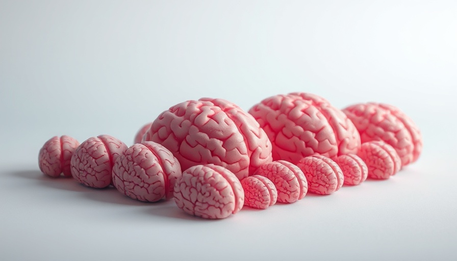 Five pink brains showcasing brain health concepts in a minimalist setting.