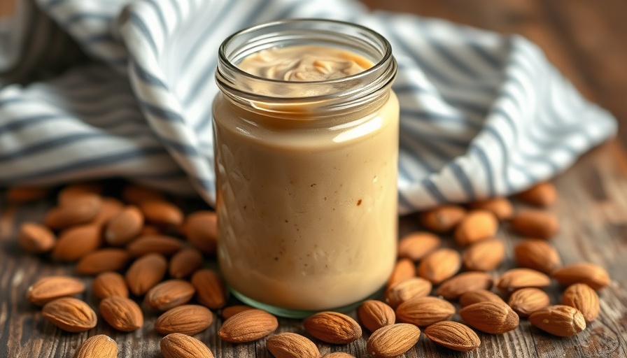 Creamy almond butter with whole almonds on a wooden tabletop.