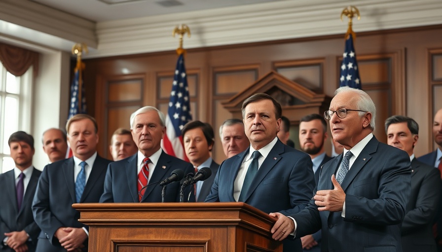 Politicians at podium discussing government shutdown issue.