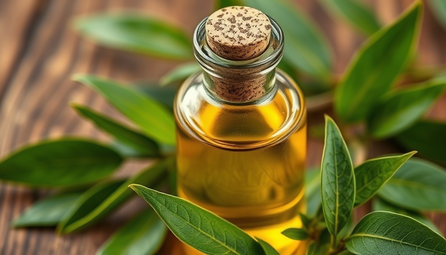 Golden tea tree oil bottle with green leaves on wood.