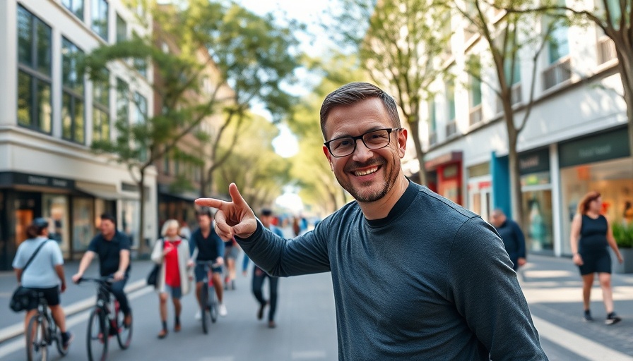 Happy man pointing at vibrant Ardmore, the best town in Pennsylvania.