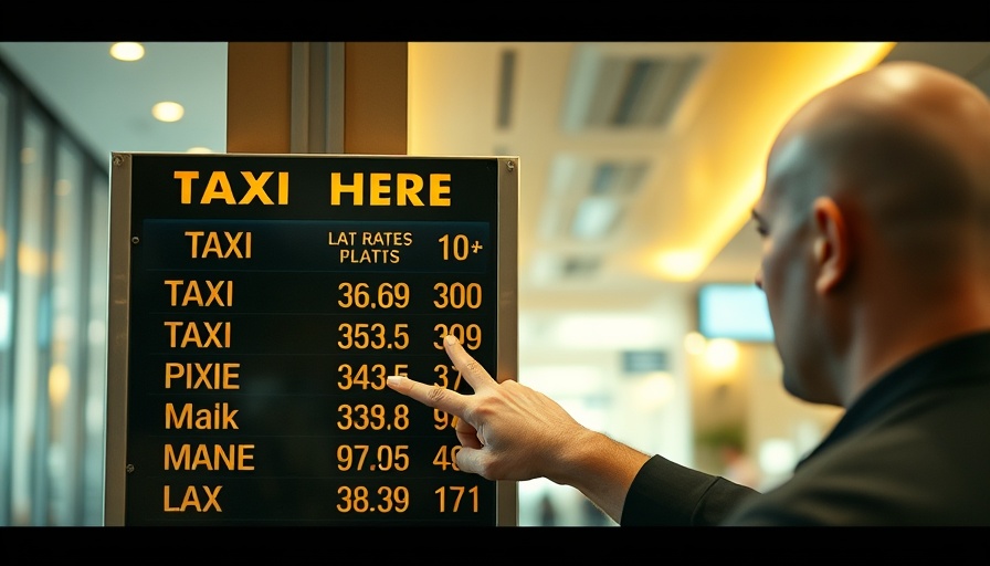 Man indicating Las Vegas taxi flat rates board indoors.