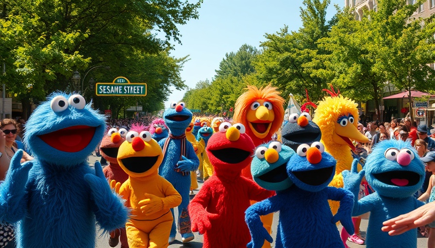 Sesame Place amusement park parade with colorful characters and crowd.