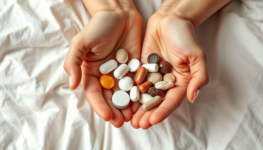 Hands holding iron and vitamin D supplements on a white bed.