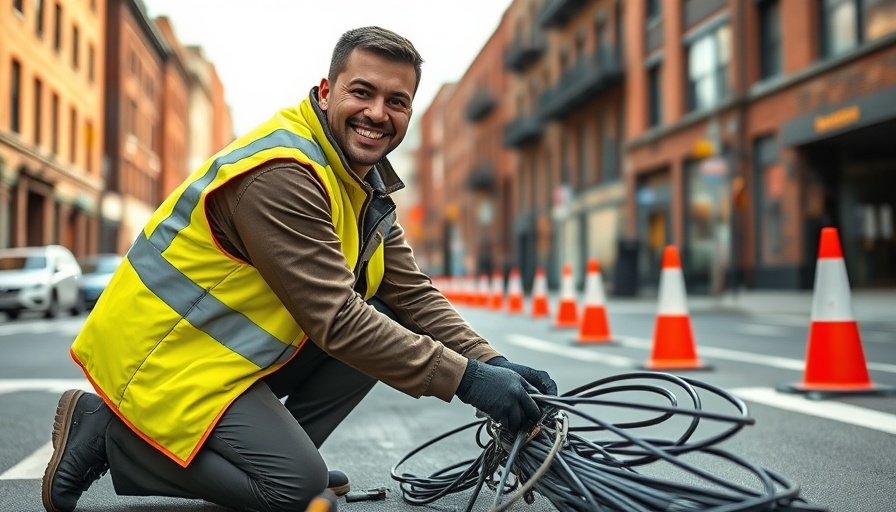 Worker installing high-speed internet cables in rural community