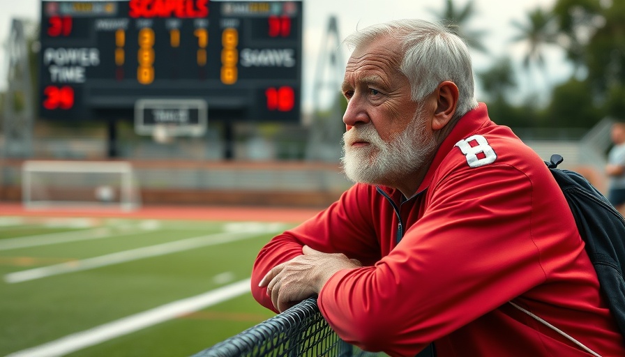 Coach Hullman reflecting after 2500 wins on a sports field.