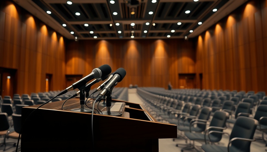 News conference room with podium and microphones.