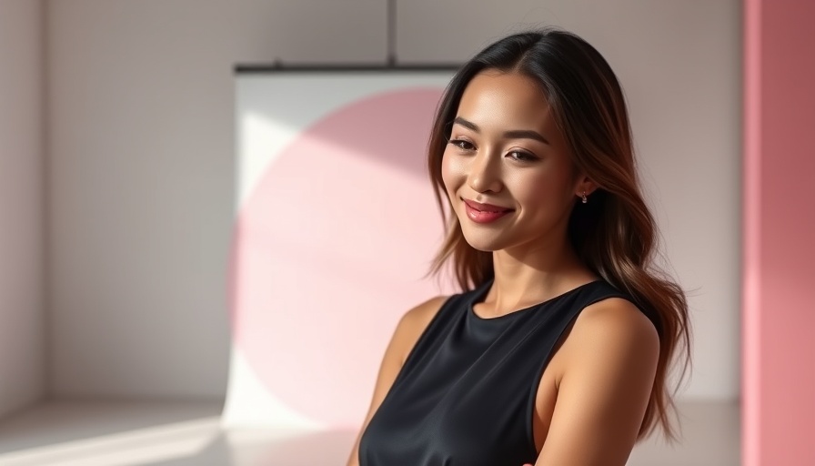 Elegant woman smiling in sleek black outfit at event. Borghese Mud Mask.