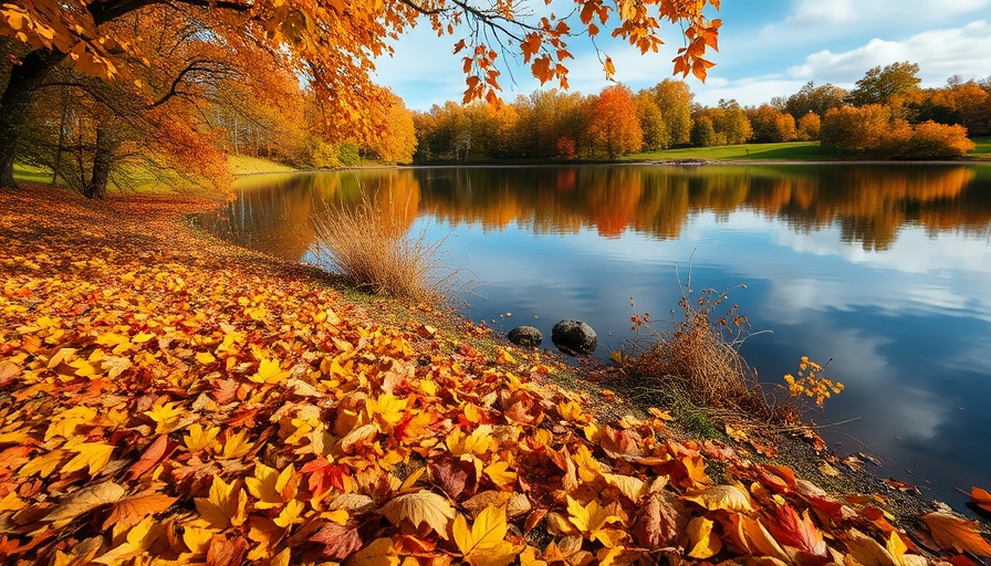 Pennsylvania fall foliage by a peaceful lake with colorful leaves.