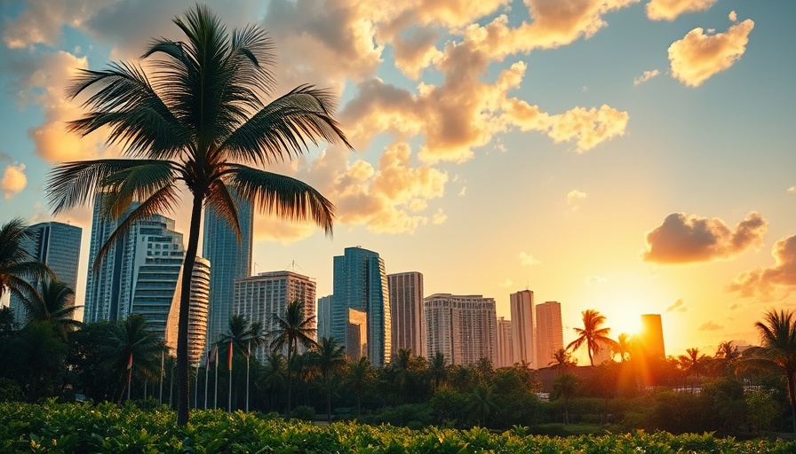Miami skyline sunset with palm trees and skyscrapers.