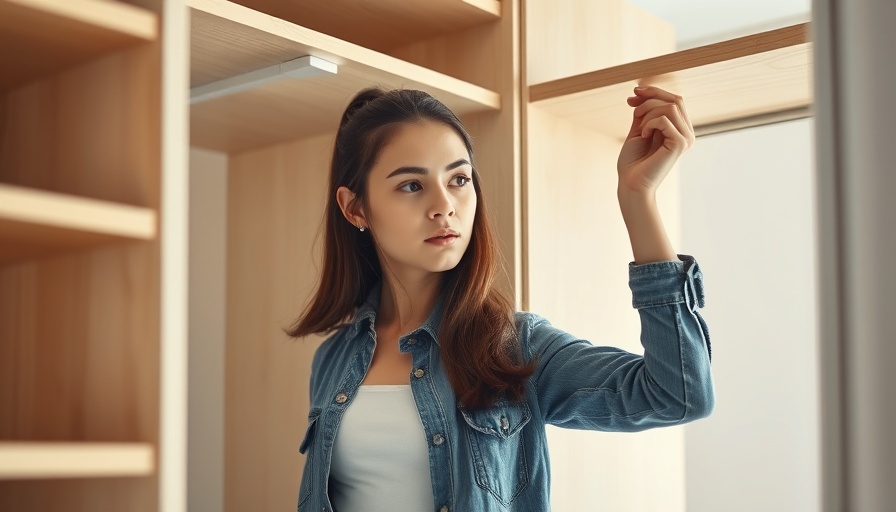 Young woman installing DIY closet shelves in a modern interior.