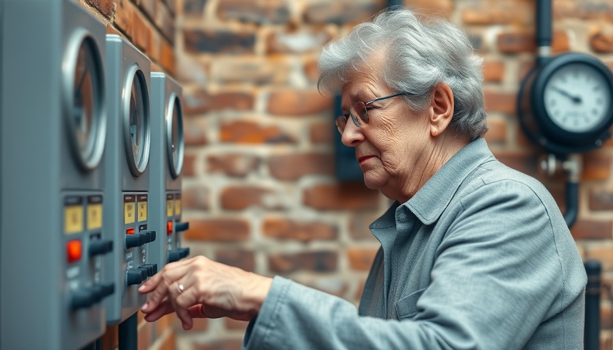 Older woman inspecting energy meters on brick wall, Pennsylvania renewable energy.