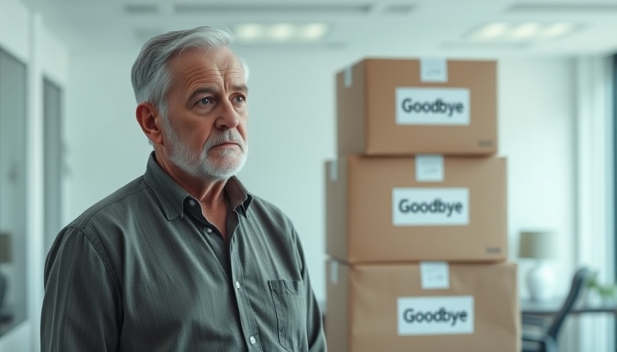 Concerned man in office with moving boxes labeled 'Goodbye', representing Medicare plans disappearing.
