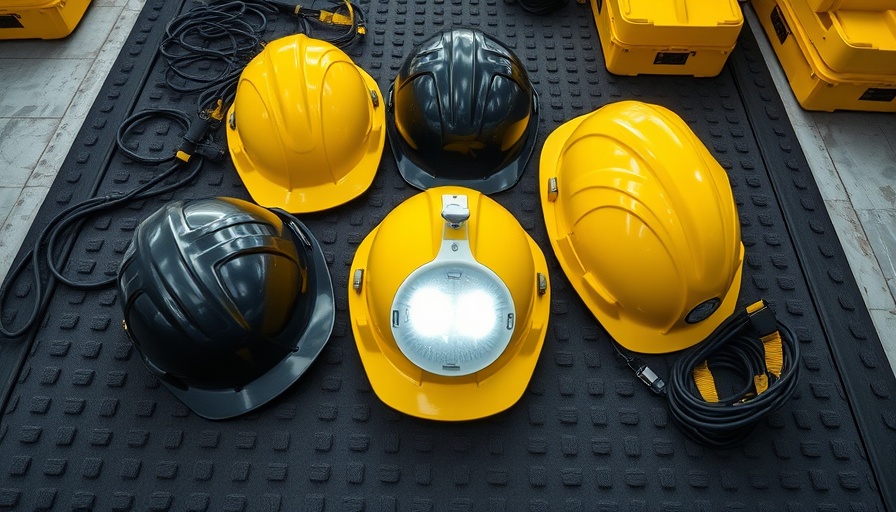 Various hard hat lights displayed on a rubber mat.