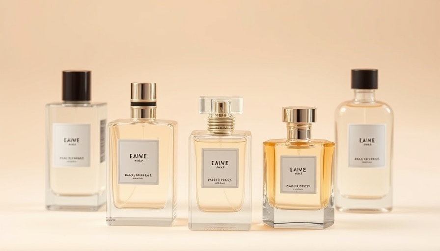 Stylish perfume bottles, minimal design against a soft beige background.