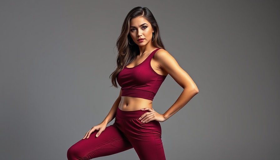 Confident woman in maroon activewear against a gray background.