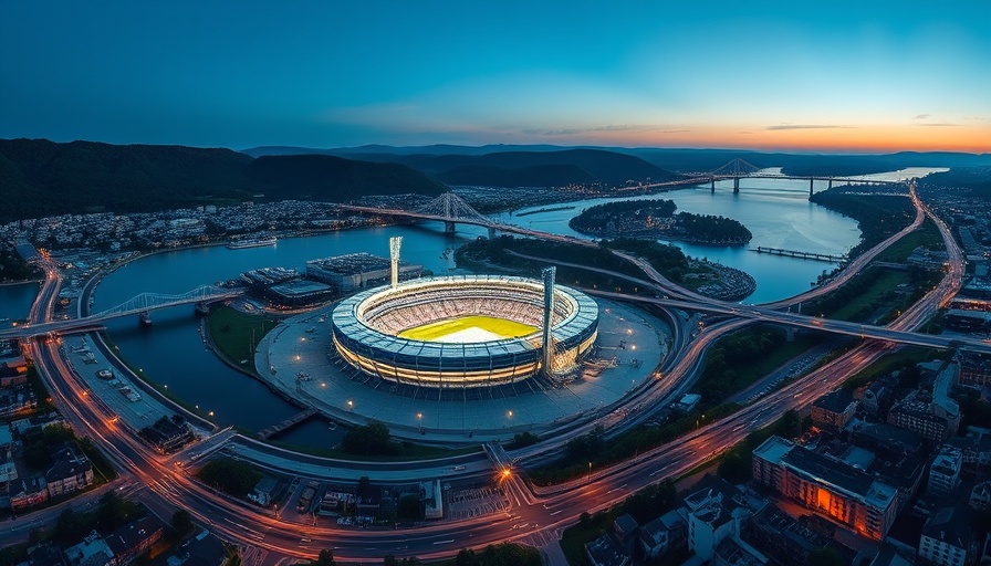Panoramic view of illuminated stadium by river in cityscape at dusk.