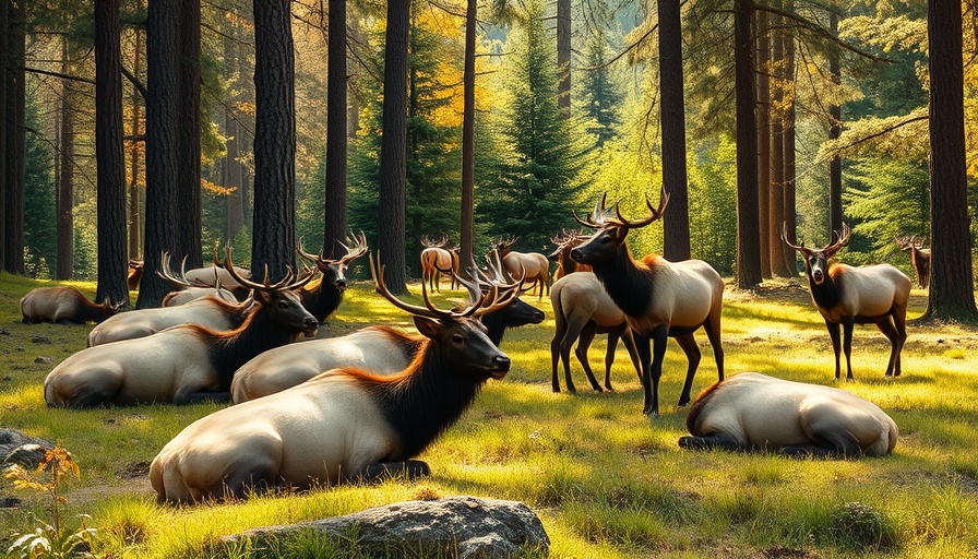 Wild elk in Pennsylvania resting and grazing in forest clearing.
